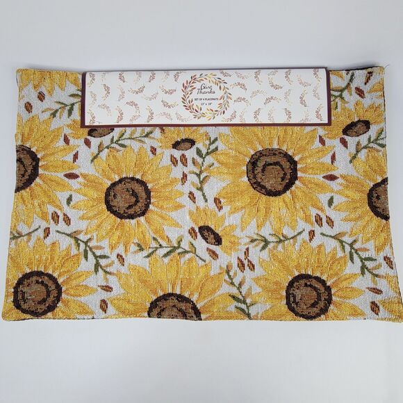 Set of 4 Yellow Sunflowers Tapestry Placemats Cotton Poly Brown Back 13" x 19" - Picture 3 of 13